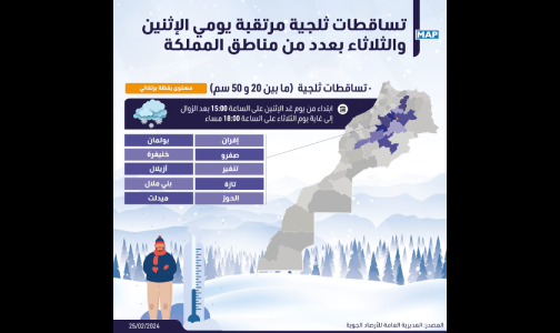 تساقطات ثلجية مرتقبة يومي الإثنين والثلاثاء بعدد من مناطق المملكة (نشرة إنذارية)